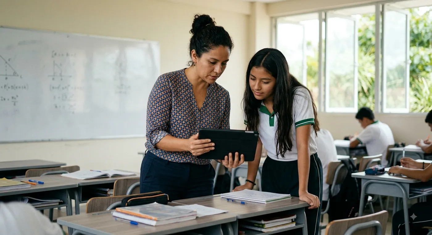 Una docente acompaña a una estudiante revisando su avance en una tablet