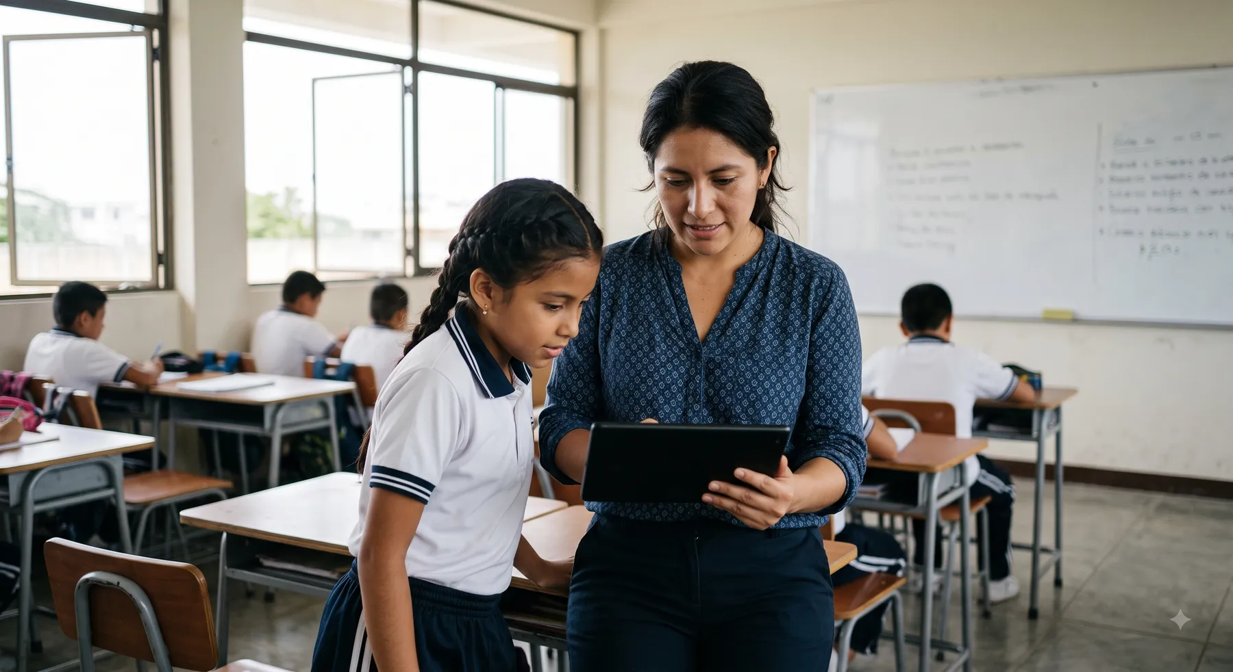 Una docente revisa el avance de una estudiante en una tablet, en un aula de Ecuador