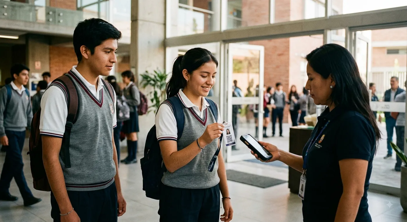 Una inspectora escanea el carné QR de una estudiante en el ingreso del colegio